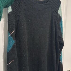 Women's Black Sweater with Teal and Pink Accents